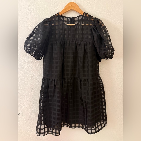 English Factory | Black Gridded Organza Puff Sleeve Mini Party Dress- Small EUC - Picture 5 of 5